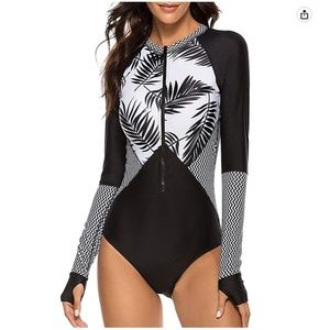 Womens Athletic Long Sleeve Rash Guard One Piece Swimsuit